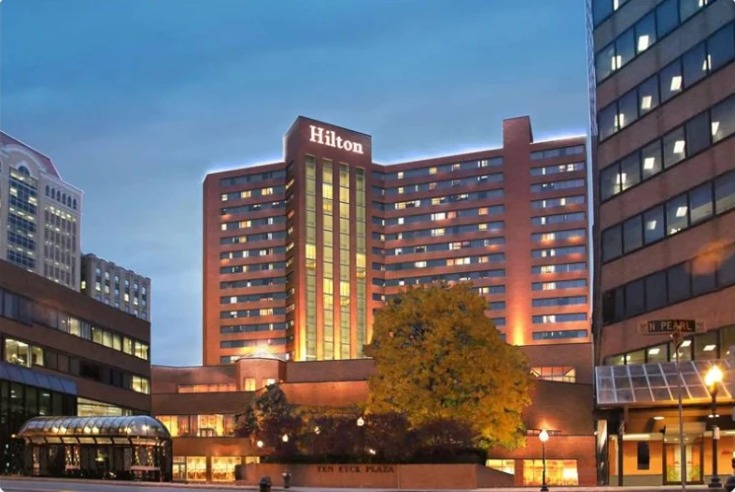 Hilton Albany hotel exterior at dusk