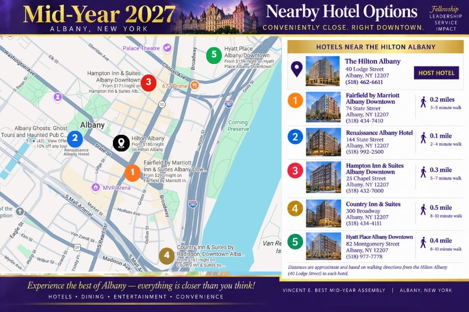 Map of downtown Albany showing nearby hotels